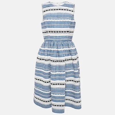 Pre-owned Carolina Herrera Blue Lace Trim Checked Cotton Midi Dress L