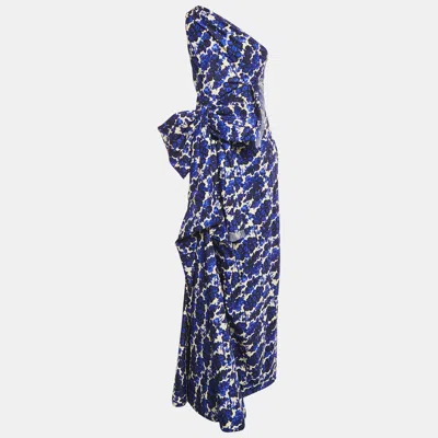Pre-owned Carolina Herrera Blue Rose Print Cotton Blend One Shoulder Maxi Dress L