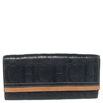 Carolina Herrera Blue/tan Embossed Leather Flap Wallet