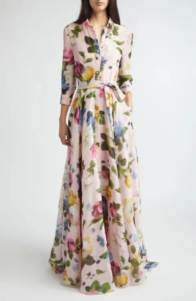 Carolina Herrera Blurred Rose Print Linen & Silk Trench Gown In Multi