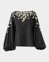 Carolina Herrera Boat-neck Floral Embroidered Balloon-sleeve Top In Black