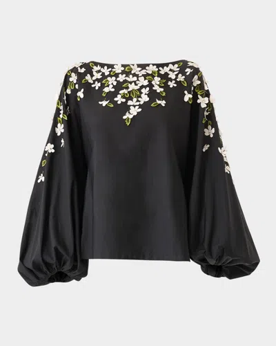 Carolina Herrera Boat-neck Floral Embroidered Balloon-sleeve Top In Black