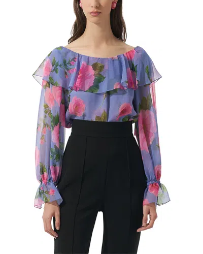 Carolina Herrera Boat Neck Ruffle Silk Top In Purple