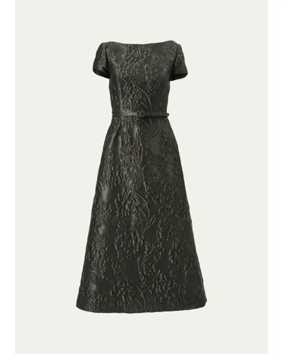 Carolina Herrera Boat-neck Floral Textured Jacquard Belted Midi Dress In Gray