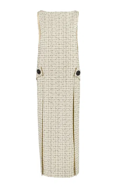 Carolina Herrera Boatneck Slub Yarn Check Tailoring Knee-length Dress In White