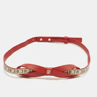 Pre-owned Carolina Herrera Bow 75cm Slim Belt Red Monogram Coated Canvas And Leather