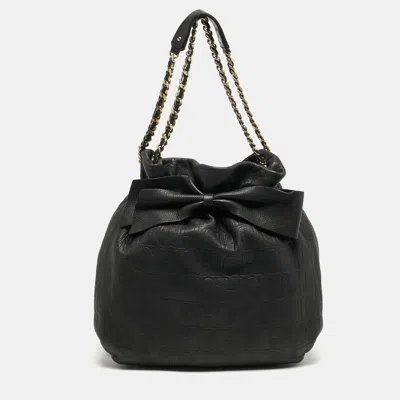 Pre-owned Carolina Herrera Bow Black Monogram Embossed Leather Bucket Bag