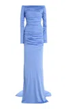 Carolina Herrera Bow-detailed Ruched Off-the-shoulder Gown In Light Blue