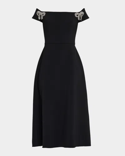 CAROLINA HERRERA BOW EMBELLISHED OFF-THE-SHOULDER MIDI DRESS