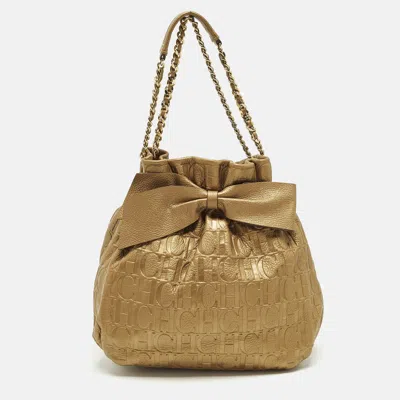 Pre-owned Carolina Herrera Bow Gold Monogram Embossed Leather Bucket Bag