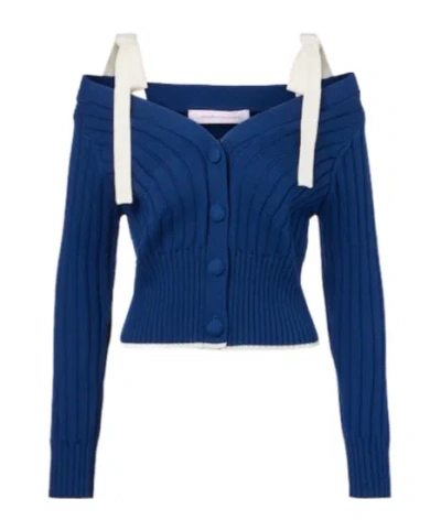 Carolina Herrera Bow-detail Cotton And Wool Cardigan In Blue
