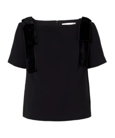 Carolina Herrera Bow-detail Velvet-trimmed Crepe Top In Black