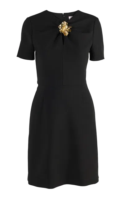 Carolina Herrera Brooch-detailed Bi-stretch Wool Tailoring Mini Dress In Black