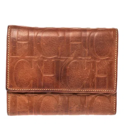 Carolina Herrera Brown Embossed Leather Trifold Compact Wallet