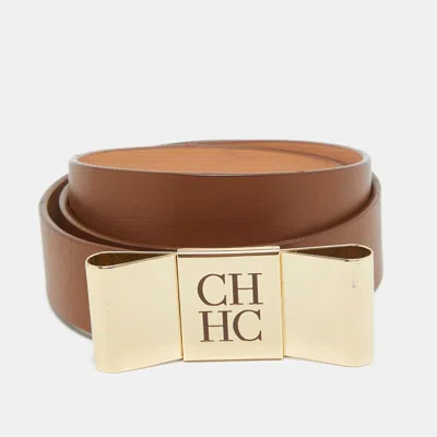 Pre-owned Carolina Herrera Brown Leather Ch Metal Bow Waist Belt 80cm