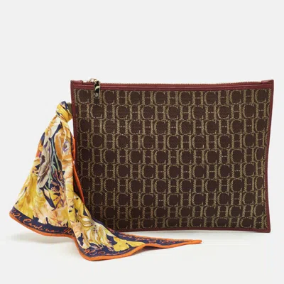 Pre-owned Carolina Herrera Brown Monogram Canvas And Leather Scarf Flat Pouch