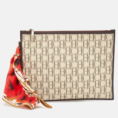 Pre-owned Carolina Herrera Brown/beige Monogram Canvas Continental Zip Pouch With Scarf