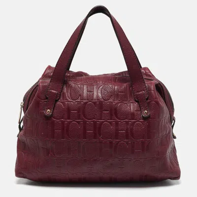 Pre-owned Carolina Herrera Burgundy Monogram Embossed Leather Zip Satchel