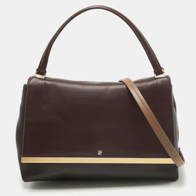 Pre-owned Carolina Herrera Burgundy/brown Leather Camelot Top Handle Bag