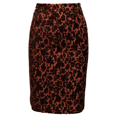 Pre-owned Carolina Herrera Burnt Orange & Black  Brocade Pencil Skirt Size Us 6