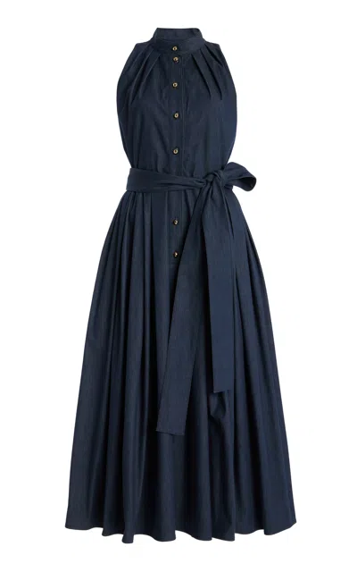 Shop Carolina Herrera Button-front Cotton Chambray Midi Dress In Navy