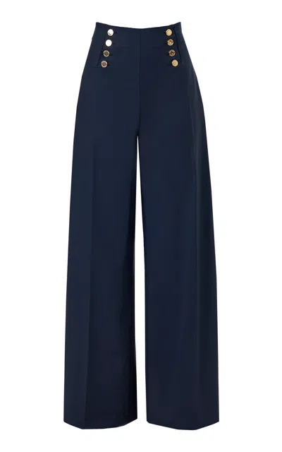 Carolina Herrera Button-front Cotton Sateen Wide-leg Pants In Blue