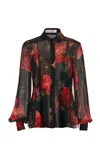 Carolina Herrera Buttoned Stemmed-rose-printed Chiffon Blouse In Black