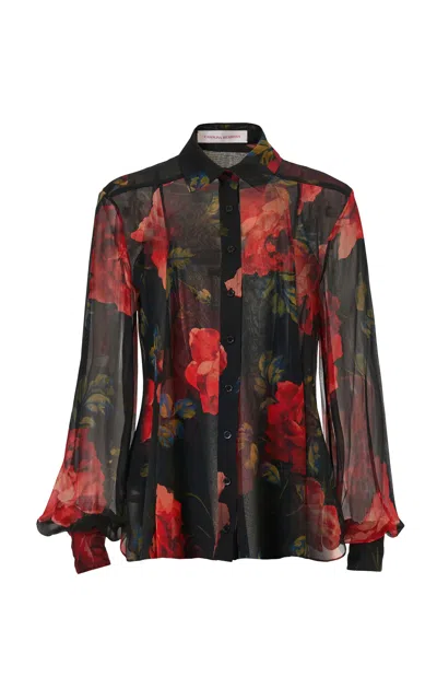 Carolina Herrera Buttoned Stemmed-rose-printed Chiffon Blouse In Black