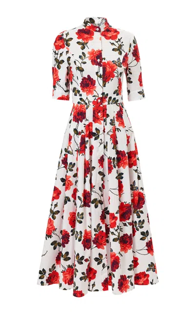Carolina Herrera Buttoned Stemmed-rose-printed Stretch-cotton Shirt Dress In White