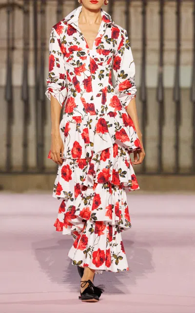 Carolina Herrera Buttoned Stemmed-rose-printed Stretch-cotton Shirt In White