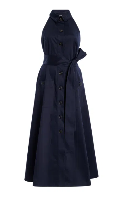 Carolina Herrera Buttoned Stretch-cotton Midi Halter Dress In Navy