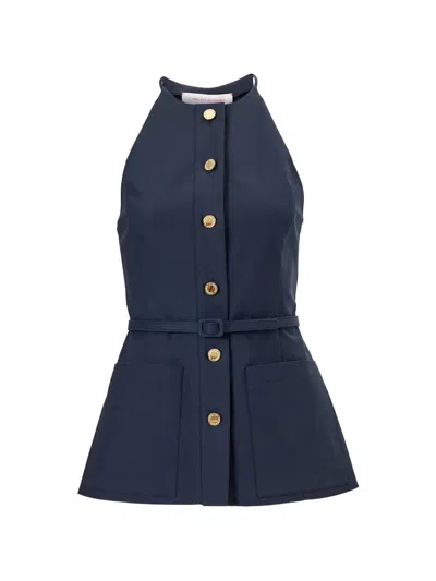 Carolina Herrera Button-front Belted Halter Peplum Top In Blue