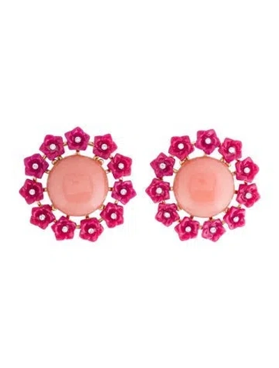 Pre-owned Carolina Herrera Cabochon & Flower Earclip Earrings In Pink