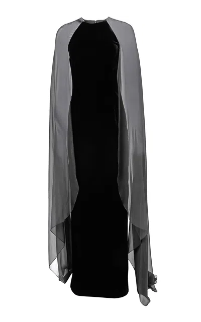 Carolina Herrera Cape Stretch Velvet Gown In Black