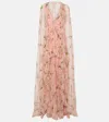 Carolina Herrera Plunging Floral-print Ruffle Cape Gown In Pink