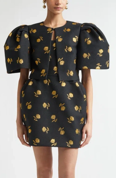 Carolina Herrera Carnation Jacquard Bell Sleeve Crop Jacket In Black