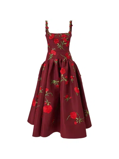 Carolina Herrera Carnation Embroidered Drop-waist Tea-length Dress In Burgundy