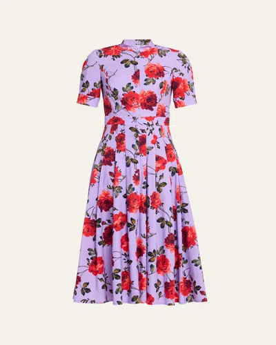 Carolina Herrera Carnation-print Short-sleeve Pleated Midi Shirtdress In Purple