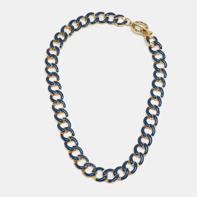 Pre-owned Carolina Herrera Ch Blue/orange Enamel Gold Tone Metal Necklace