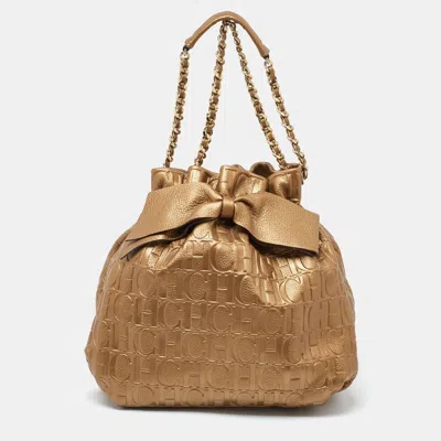 Carolina Herrera Ch  Embossed Leather Bow Bucket Bag In Gold