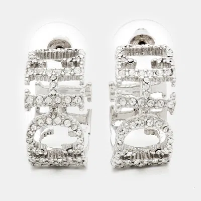 Pre-owned Carolina Herrera Ch Crystal Studded Logo Silver Tone Hoop Earrings