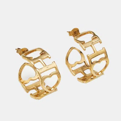 Pre-owned Carolina Herrera Ch Gold Tone Hoop Earrings