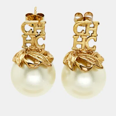Pre-owned Carolina Herrera Ch Logo Faux Pearl Gold Tone Metal Earrings