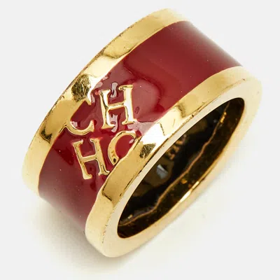 Pre-owned Carolina Herrera Ch Logo Red Enamel Gold Tone Band Ring Size 54
