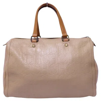 Pre-owned Carolina Herrera Ch Monogram Embossed Leather Bowling Bag In Brown