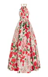 Carolina Herrera Chain-detailed Floral Silk Gazar Gown In White Multi