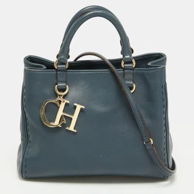 Pre-owned Carolina Herrera Charm Navy Blue Leather Tote