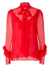 Carolina Herrera Bow Turtleneck Ruffled Silk Top In Red