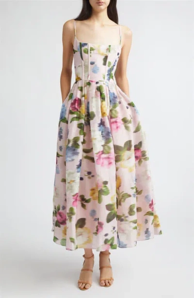 Carolina Herrera Floral Silk Faille Sleeveless Corset Midi Dress In Multi
