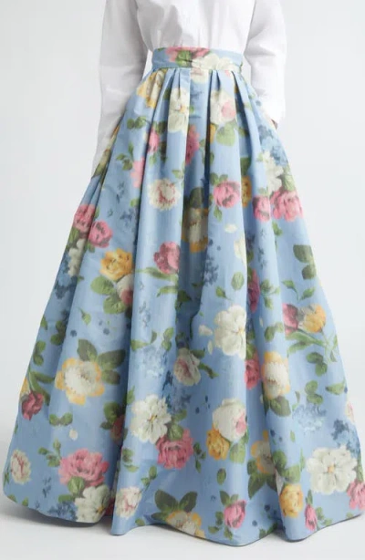Carolina Herrera Floral Pleated Faille Ball Skirt In Blue